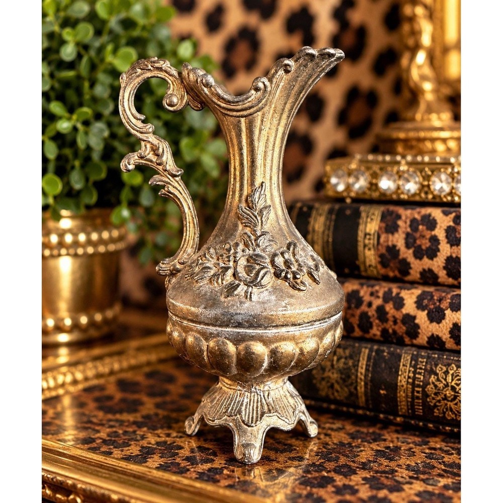 VTG Made in Italy Mini Ewer Pitcher Vase Brass Tone Ornate Floral 4.5"